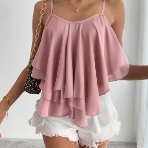 Women's Lightweight Chiffon Ruffle-Trimmed Layered Camisole Blouse - Off-Shoulder Summer Top with Asymmetrical Hem, Machine Washable & Breathable for Casual Outings, Relaxed Fit Blouse | Offshoulder Blouse | Delicate Texture