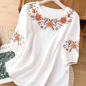 Elegant Summer Women'S Blouse with Lace Trim, Round Neck, Short Sleeve, Solid Color, Floral Embroidery, Button Front, Lightweight Polyester, Perfect for Casual or Dressy Occasion