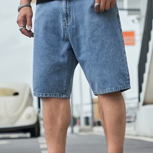 Men's Lightweight Loose Fit Straight-Leg Denim Shorts - Light Blue Non-Stretch Casual Midpants for Everyday & Formal Outfits, Machine Washable Denim Shorts for Warm Weather, Jean Shorts, Summer Clothing, Classic Straightleg, Durable Fabric
