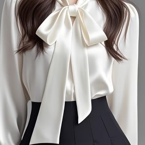 Women's Satin-Finish Long Sleeve Casual Shirt with Collar & Bow Detail - Solid Color All-Season Blouse, Machine Washable Non-See-Through Top for Casual Attire, Long Sleeve Blouse, Sophisticated Look, Satinlike Finish