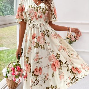 Plus Size Elegant Floral Dress with Ruched Waist - V-Neck, Short Sleeves, Light Yellow with Pink & Green Floral Print, Perfect for Summer, Casual to Semi-Formal Attire, Casual Attire|Floral Print Dress|Ruched Waistline, Plus Size Dress