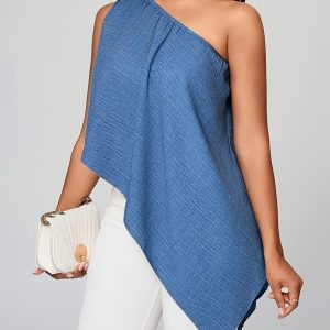 Women'S Casual Off-Shoulder Asymmetrical Blouse - Solid Color, Short Sleeve, Lightweight Polyester, Perfect for Springu002FSummer Weekend Wear, Casual Wear Blouse | Asymmetrical Hem | Textur