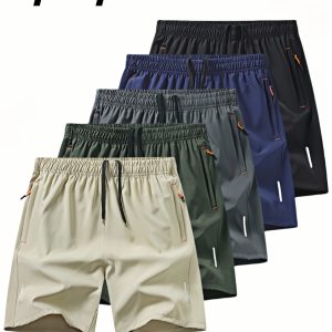 5pcs Men'S Outdoor Sports Quick-Dry Shorts, Breathable Comfort Polyester Spandex Blend with Zipper Pockets and Drawstring, Featuring Silvery Reflective Strips, Elastic Waistband, Suitable for Climbing, Tennis, Running, and Outdoor Activities