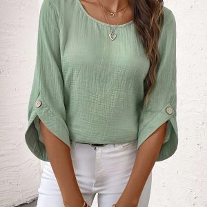 Women's Casual Mint Green Mid-Sleeve Round Neck Blouse - Polyester, Machine Washable, Decorative Buttons, Ideal for Springu002FSummeru002FFall