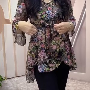 New Floral Drawstring Waist Irregular Chiffon Blouse, Loose-Fitting Base Layer with Three-Quarter Ruffled Sleeves, Perfect for Covering Up.
